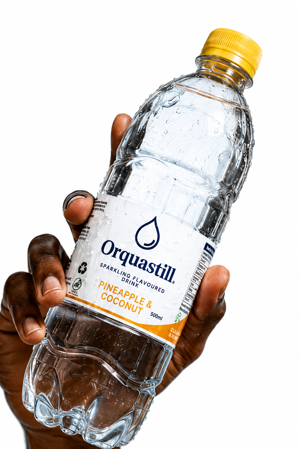 Hand holding an Orquastill Pineapple & Coconut sparkling flavoured water bottle