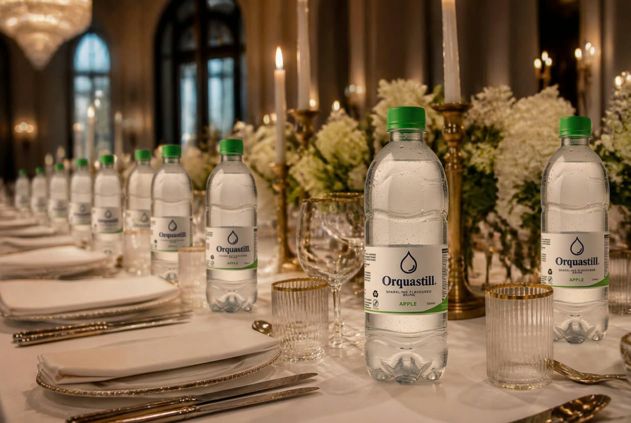 A banquet table set with Orquastill frosted glass bottles