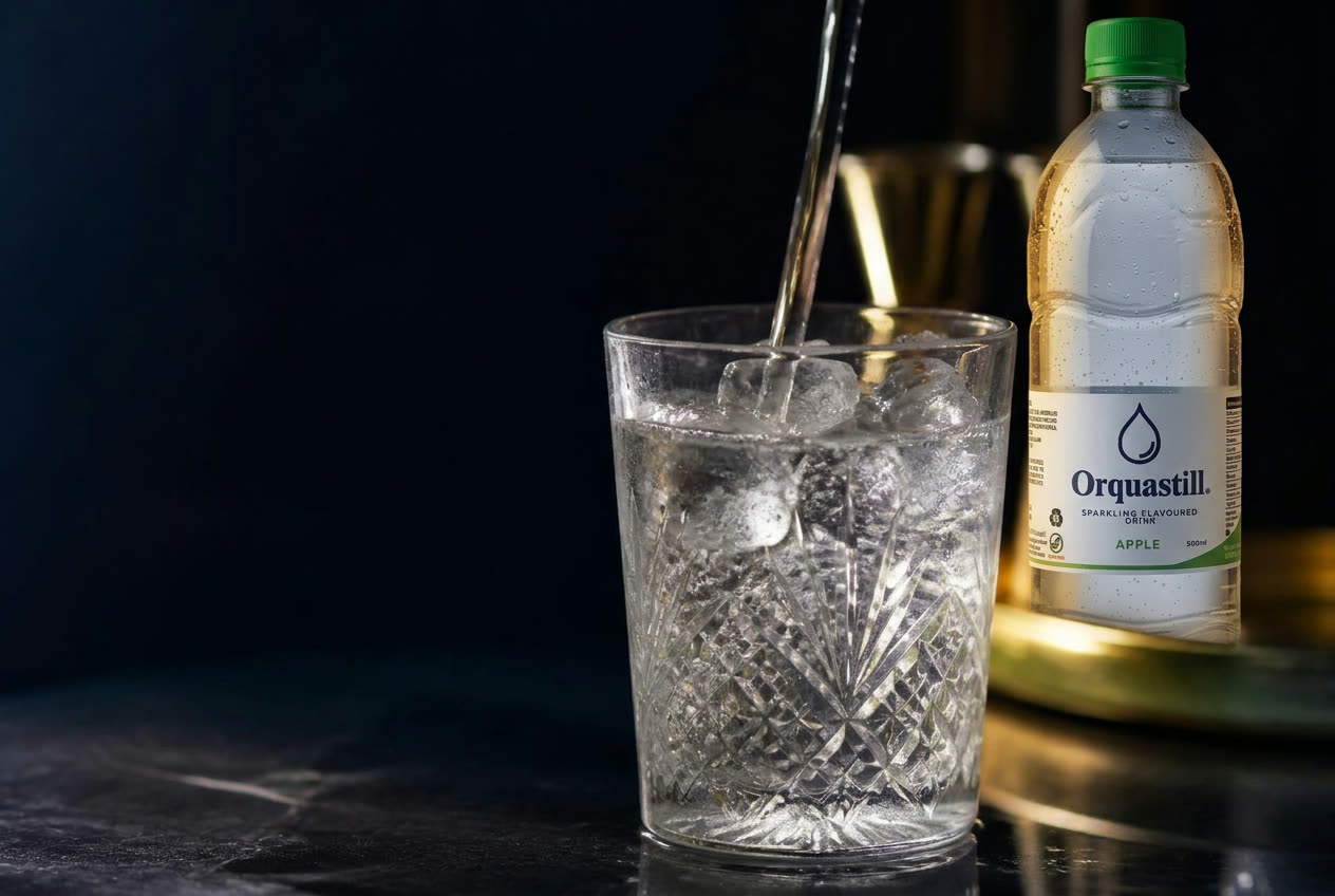 Chilled crystal glassware filled with sparkling water over ice